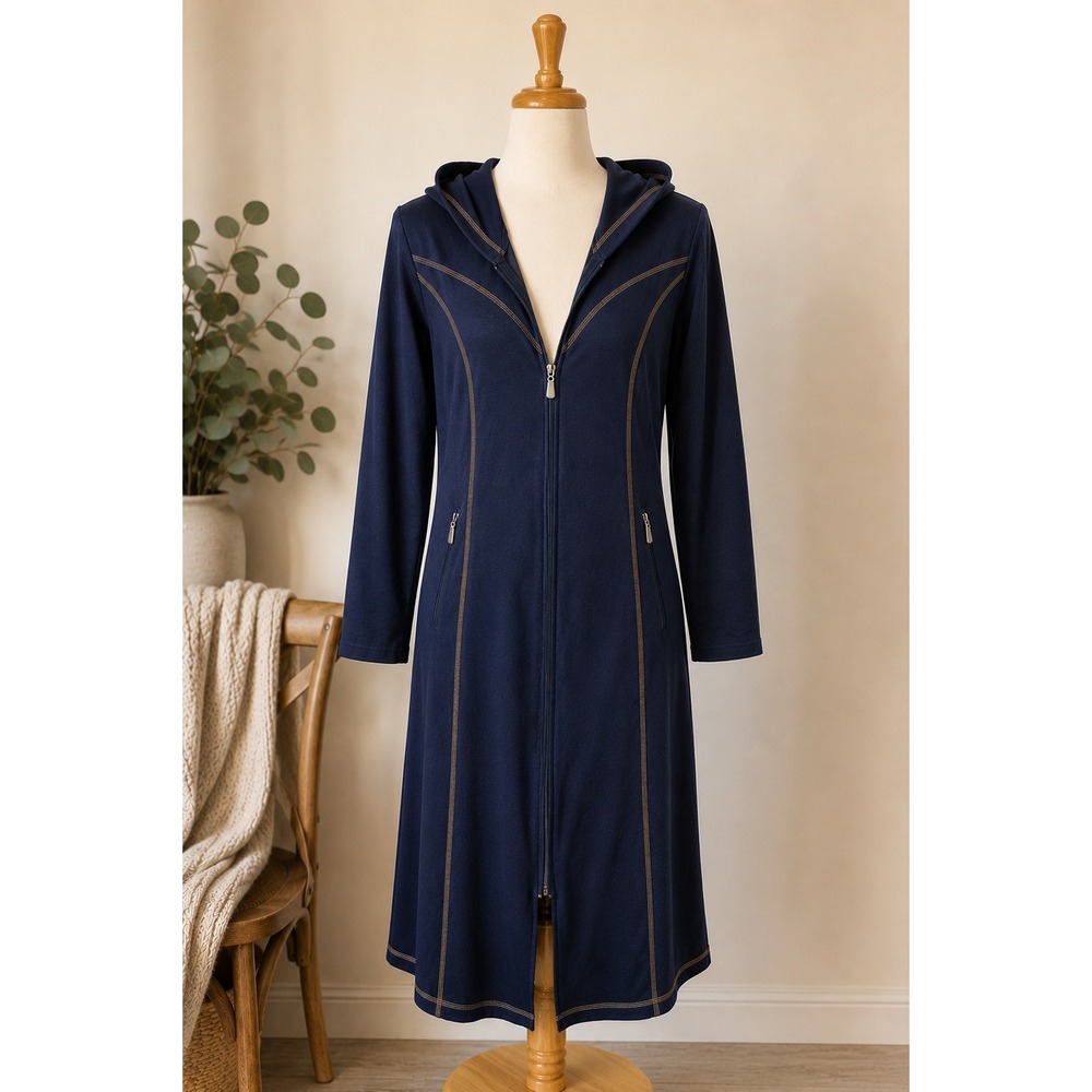 Long Hooded Zip Jacket Navy Duster Coatigan Zip Pockets Size 44